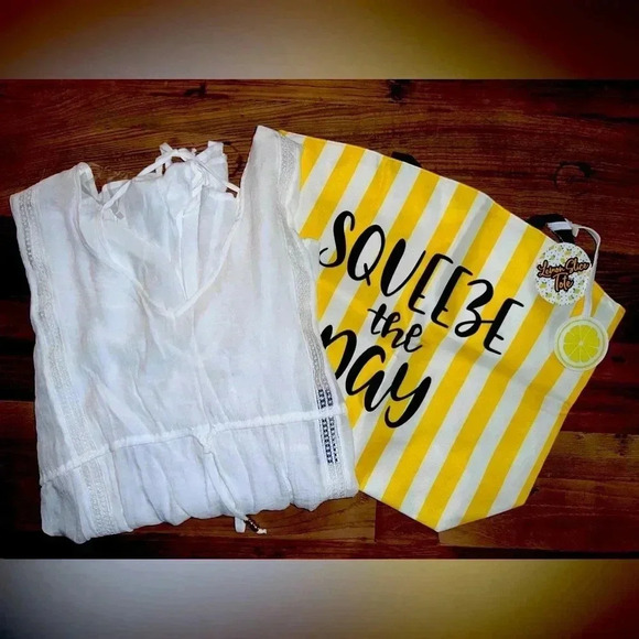 Beach Bundle: 👙Bikini Top, Swim Cover and Beach Tote, Yellow & White, Size 10 - Picture 5 of 17